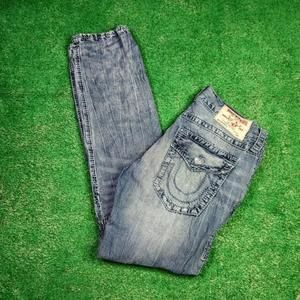 True Religion Jeans Moto Slim Big T Blue Distressed Paint Leg Jeans Men Size 33